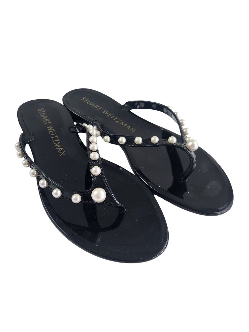 Stuart Weitzman Goldie Pearl Embellished Jelly Flip Flop Sandals Black 7B NWOB - Picture 2 of 8
